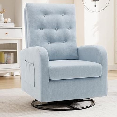 Swivel Rocking Chair Nursery - Glider Modern Accent Chairs Upholstered Linen Rocker Padded Armchair for Indoor Living Room Bedroom Blue