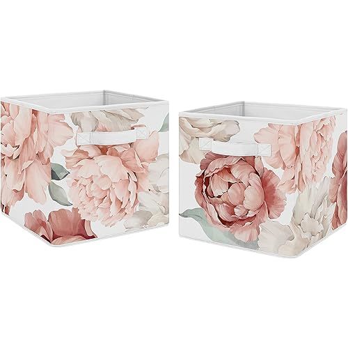 Sweet Jojo Designs Blush Pink Boho Shabby Chic Floral Girl Collapsible Fabric Storage Cubes Foldable Bins Organizer Boxes for Kids Baby Children Toys Set of 2 Off White Bohemian Vintage Flower Elegant