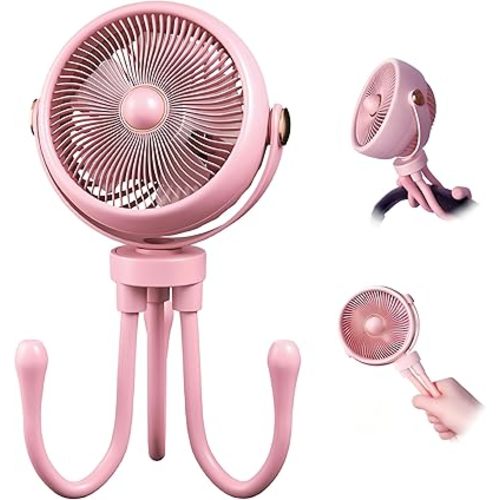 Rechargeable Stroller Fan for Baby - 360° Rotatable Portable Clip-On Fan with Night Light, 3-Speed Quiet Cooling, USB Rechargeable for Car Seat,Crib,Bike,Travel,Treadmill,Desk (Pink)