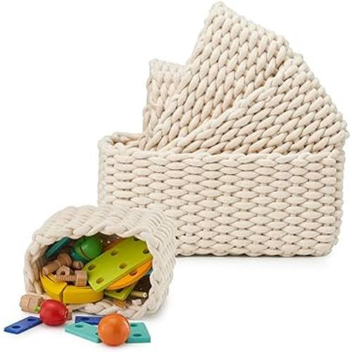 EZOWare Set of 5 Decorative Soft Woven Cotton Rope Nursery Room Baskets Bins Storage Organizer, Perfect for Storing Kids Baby Closets, Small Items - White
