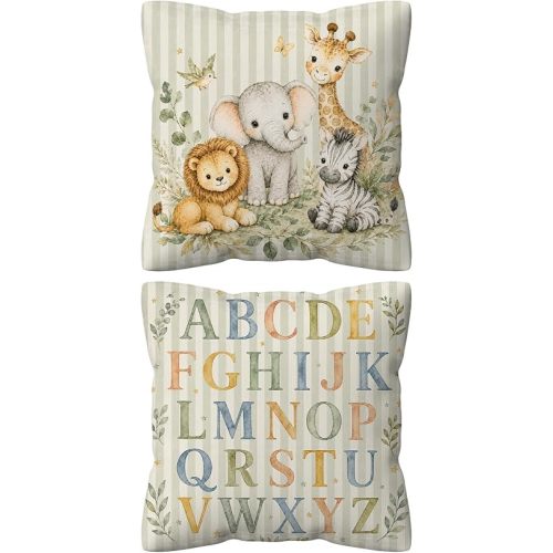 kdqua Alphabet Animals Nursery Pillow Cover 18x18 Double-Sided, Classroom Decorations Throw Pillow Cover, Wild Animal Alphabet Educational Pillowcase Covers for Kids Nursery Room Bedroom Decor