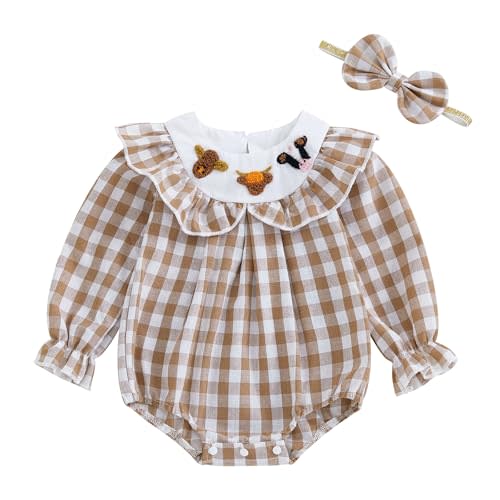 FYBITBO Newborn Baby Girl Outfits Smocked Long Sleeve Bubble Romper Plaid Bodysuit Jumpsuit Headband Infant Clothes Set