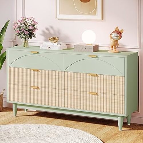 Tribesigns 6-Drawer Dresser for Bedroom: 55 Inches Moden Chest of Drawers with Gold Metal Handles, Mint Green Long Double Dresser Organizer Wooden Cabinet for Bedroom, Closet, Living Room