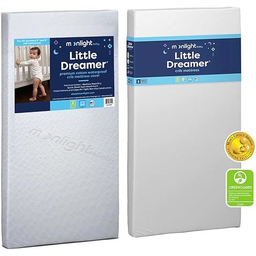 Moonlight Slumber Little Dreamer Crib Mattress and Waterproof Machine Washable Crib Mattress Cover - 2-Stage Crib Mattress + Easy Slip-On Protector - 52"x 28"x 5"