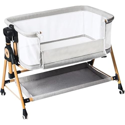 kingobabys Baby Bassinet,Bedside Bassinet for Baby, Rocking Bassinet with Storage Basket and Wheels, Adjustable 6 Heights and All Mesh Sides,Portable Baby Bassinets Bedside Sleeper for Newborn Infant