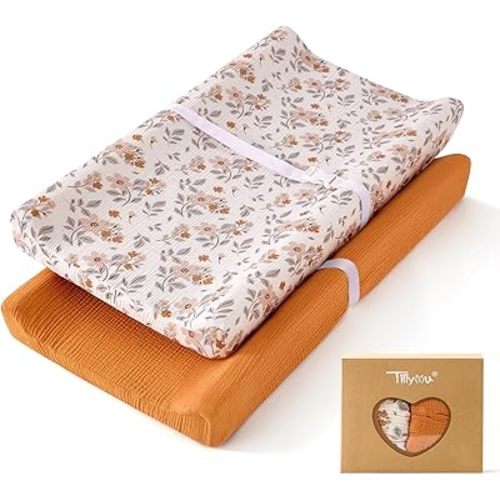 TILLYOU Muslin Changing Pad Cover for Baby Girls Boys, Soft and Breathable Cotton Diaper Changing Table Cover, 2 Pack(Yellow Flower)