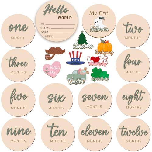 Monthly Baby Milestone Maker Discs, Baby Milestone Signs for Newborn Baby, Hello World Newborn Sign for Baby Girl & Boy, Baby Announcement Sign for 1-12 Month, Milestone Wooden Circles (Sage)