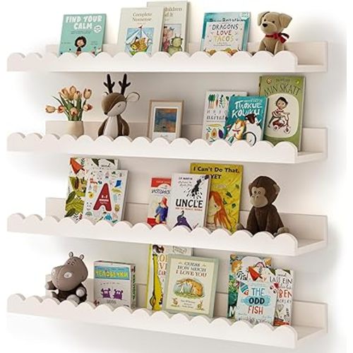 Nursery Book Shelves, 4-Pack White Floating Shelves for Wall Kids, Scalloped Shelves, Wall Book Shelves for Bedroom Kids, Toddler Room, Baby Room, Nursery Decor