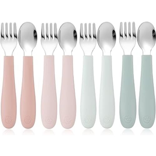 CoixFoam 8 Pieces Toddler Utensils, Toddler Safe Silverware Set With Food Grade Silicone Hanlde, 18/8 Stainless Steel, Perfect Length For New Self Feeders, Dishwasher Safe