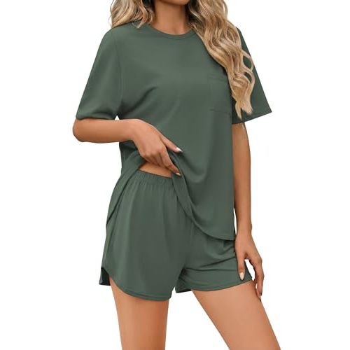 Ekouaer Pajama Set for Women Bamboo Viscose Pjs Set Ultra Soft Short Sleeve Sleepwear 2 Piece Lounge Sets S-XXL