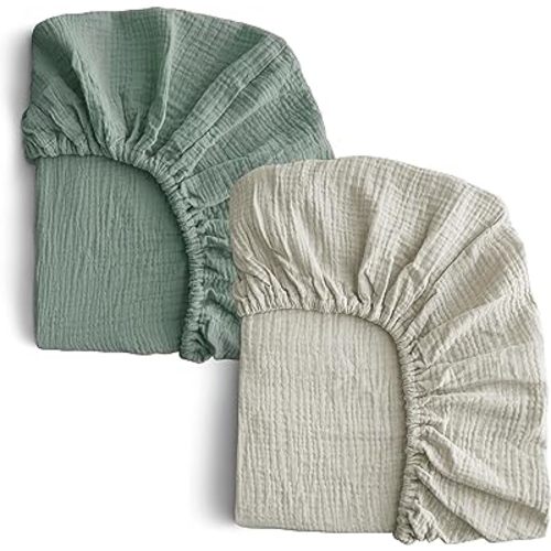COSMOPLUS-Muslin-Crib-Sheets-for-Girls-Boys-Neutral-Baby,2 Pack Boho Crib Matress Sheet,Fitted Crib Sheet for Standard Crib Mattress & Toddler Bed Mattress,Organic Cotton,Slate Green & Light Gray