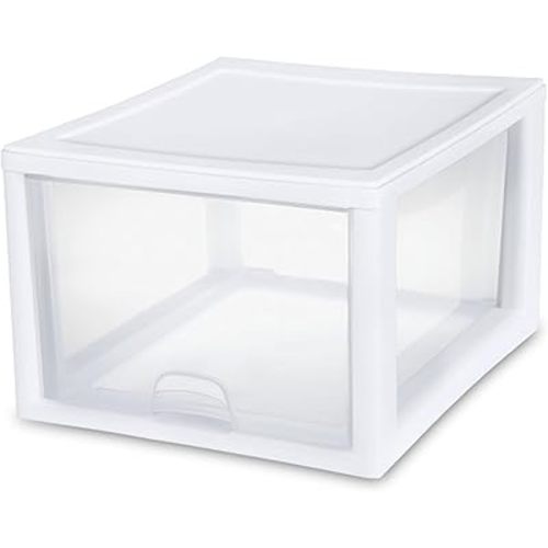 Sterilite 4-Pack 27 Quart Stacking Drawer, Clear Storage Closet Organizer, White Frame - Stackable Modular Plastic Drawers for Clothes, Accessories, Craft Supplies, Shoes or Linens