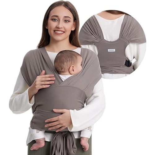 Momcozy Baby Wrap Carrier Skin-Friendly Fabric, Easy to Wear Baby Carrier Sling T-Shirt Design, Hands Free Baby Carriers Newborn to Toddler 8-35lbs, Adjustable Buckle Suit for Waist 27-47inch, Brown