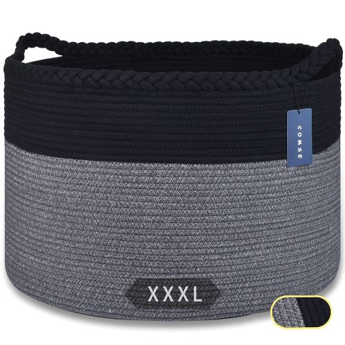 COMSE Extra Large Blanket Basket, Woven Laundry Basket, 21.7”x 13.8”, Nursery Hamper, Cotton Rope Laundry Hamper Living Room for Storage Toys Clothes Towels(Black & Gray)