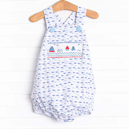 Sailboat Swarm Smocked Sunsuit, Blue – Stitchy Fish