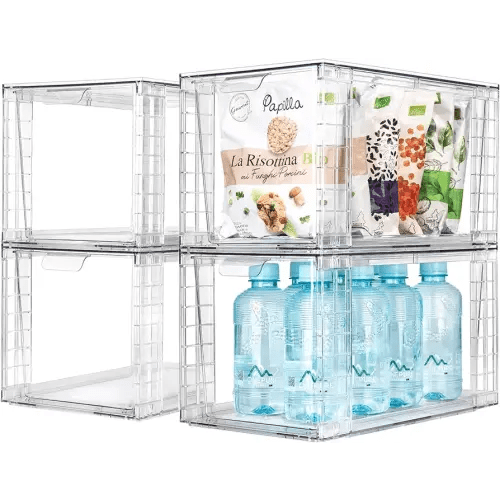 4Pack Large Stackable Kitchen Storage Drawers, Clear Foods Organizer Bins with Handles, Easily Assemble for Bathroom, Kitchen, Pantry, Cabinet, Closet(XL-Up Handle)