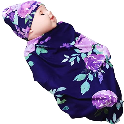 Newborn Swaddle Blanket with Beanie Set,Soft Stretchy Blanket for 0-3 Months Baby Boys and Girls(Purple Flower)
