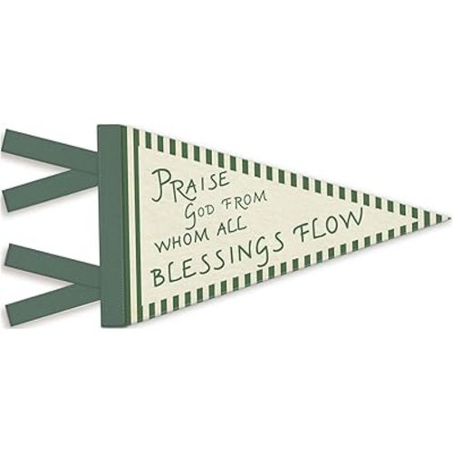 Christian Nursery Decor, Bible Verse Praise God from Whom All Blessings Flow Pennant Felt Banners Flags, Retro Green Scripture Wall Hanging Banner for Kids Room Bedroom Church Decor, 7.4x14 Inch