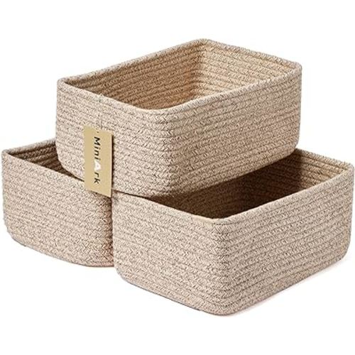 Shelf Storage Baskets for Organizing | Closet Organizer Bins | Small Baskets | Toy Basket | Cute Decorative Basket | Cube Storage Bin | Woven Rope Basket | 11.5×7.5×4.7” | 3 Packs Mixed Brown