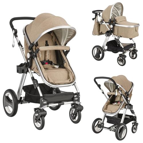 BABY JOY Baby Stroller, 2-in-1 Convertible Bassinet Reclining Stroller, Foldable Pram Carriage with 5-Point Harness, Including Cup Holder, Foot Cover, Diaper Bag, Aluminum Structure, Khaki