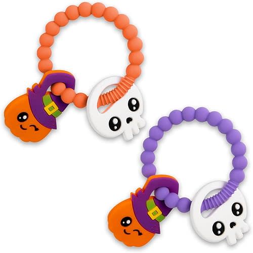 HONGTEYA Halloween Baby Pumpkin Teether, Silicone Baby Teething Toys, Girl or Boy Halloween Gifts BPA Free Chew Toys, Nightmare Before Christmas Gifts (2 PCS)