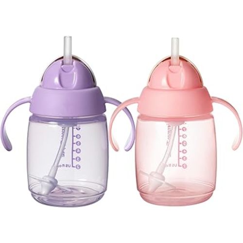 Tommee Tippee Starter Straw Cup, Easy Transition Toddler Cup For 6 Months+, 10oz with Silicone Weighted Straw and Easy-Hold Handles, Pack of 2, Pink and Purple