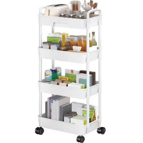 Newhome"4-tier Rolling Utility Cart With Lockable Wheels, Rotatable Design & Storage Drawers For Home"white