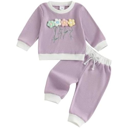 Toddler Clothes For Girls Baby 3D Flower Fall Winter Outfits Stripes Waffle Sweatshirt Pullover Cute Pants Set