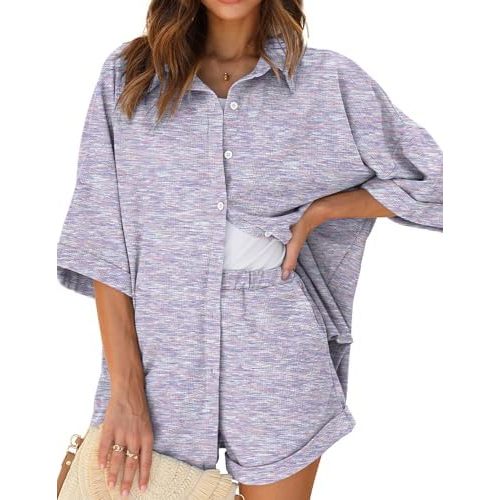 Ekouaer Waffle Knit Lounge Sets for Women Short Sleeve Pajamas Button Down Pjs Oversized Loungewear Shorts Set