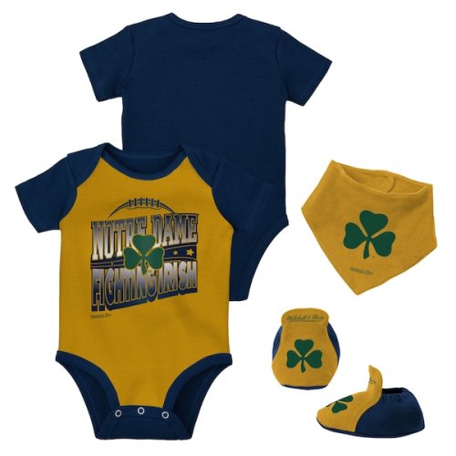 Notre Dame Fighting Irish Mitchell & Ness Infant 3-Pack Bodysuit, Bib and Bootie Set - Navy/Gold