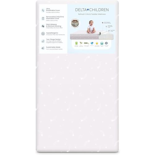 Delta Children Refresh 2-Stage Crib and Toddler Mattress - Breathable Cover and Core - Machine Washable - GREENGUARD Gold – Waterproof - Sustainably Sourced Core, Pink