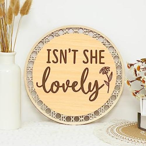 Huray Rayho Isn' t She Lovely Wooden Sign Little Girl Decor Boho Girls Room Wall Art Round Ratten Style Shelf Decor Set of 1 10 Inches Housewarming Baby Gift