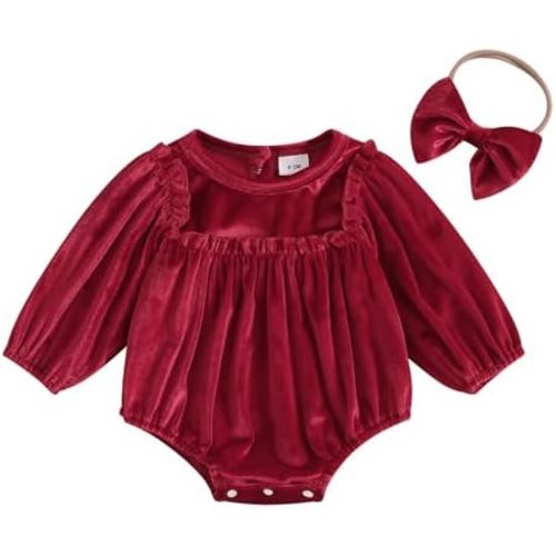 Thorn Tree Newborn Baby Girls Christmas Clothes Long Sleeve Velvet Ruffle Romper& Headband Fall Winter Outfits