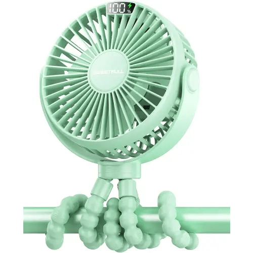 SWEETFULL Portable Stroller Fan with LED Display 4000mAh Battery Powered Mini Clip Fan, 4-Speed Rechargeable Small Personal Fan Handheld Desk Cooling Fan for Car Seat Crib Treadmill Travel-Green