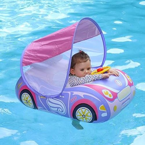 Swimbobo Toddler Pool Float Inflatable Car Baby Swim Float with Adjustable Sun Canopy and Safety Seat Pool Toys for Kids 3+ Years Old