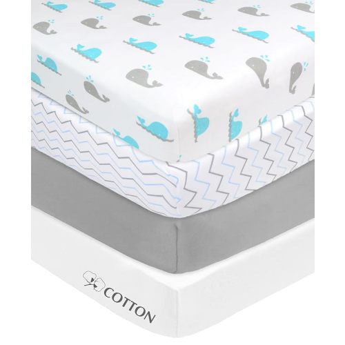 American Baby Company 4 Pack Fitted Mini Crib Sheet 24" x 38", Soft Breathable Neutral 100% Cotton Jersey Portable Sheet, Blue Zigzag/Aqua Whale/Gray/White, for Boys and Girls, Fits Most Pack N Play - Solid
