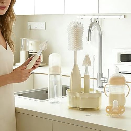 All-in-One Press-to-Foam Silicone Baby Bottle Cleaning Kit with Bottle Brush, Nipple/Straw Brushes, Tabletop Dring Rack, BPA Free for Baby Bottles, Breast Pumps,Small Appliances,Travel-Friendly