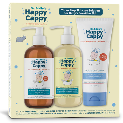 Dr. Eddie's Happy Cappy Baby Skincare Set, Includes Shampoo, Body Wash, Cream, 3 Pcs