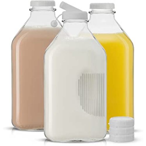 Glass Milk Bottle with Lid AND Pourer Multi-Pack. 64 Oz Reusable Glass Bottles with 6 Lids! Glass Milk Jug Pitcher, Buttermilk, Water or Juice Bottles with Caps, Syrup, Honey or Sauce Container
