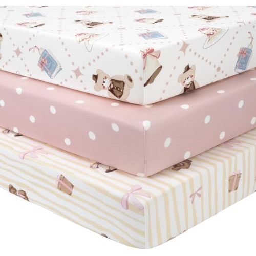 Baby Mini Crib Sheets Girl, Portable 38”x26” Pack and Play Sheets Fitted for Playard and Pack N Play Mattress, 3-Pack Soft Microfiber Pink Bear