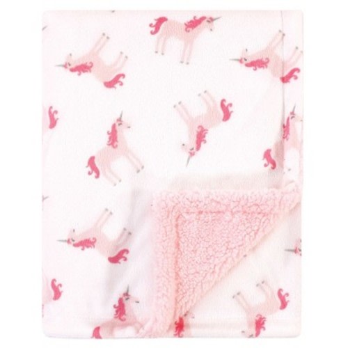 Hudson Baby Infant Girl Plush Blanket with Faux Shearling Back, Unicorn, One Size