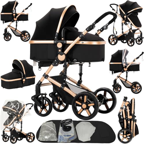 2 in 1 Baby Stroller, Convertible Pram, Reversible Standard Baby Stroller, Portable Baby Buggy, Infant Carriage, Foldable High Landscape Pushchair for Toddler Newborn (2US588-BG)