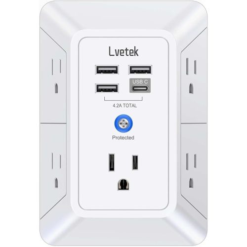 5 Outlet Extender Multi Plug Wall Outlets with 4 USB Charging Ports (1 USB C Outlet), 3 Sided 1680J Surge Protector Power Strip USB Wall Charger for Home, Office, Travel, ETL Listed, White