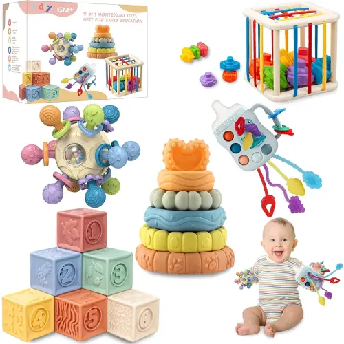 Baby Toys 0-6-12 Months,Montessori Toys for babise 0-6-12-18 Months,Incl Pull String Toy & Shape Sorter & Stacking Baby Block & Manhattan Ball & Baby Blocks,Montessori Baby Toys for 1 + Year