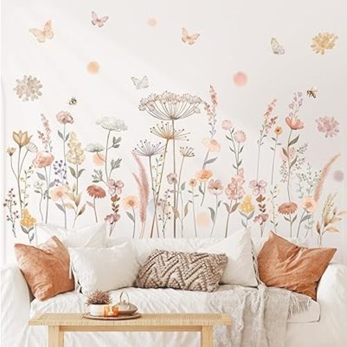 DECOWALL SG2-2421 Watercolor Boho Flowers Wall Decal Stickers Décor Home Wildflower Floral Dandelion Grass Plants Baby Nursery Girls Bedroom Kids Living Room Bee Peel and Stick Art Flower Vintage