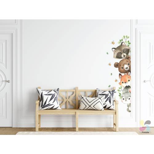 Woodland Animal Peeking Wall Stickers, Woodland Nursery Wall Decals, Bear and Fox Wall Stickers, Door Decals