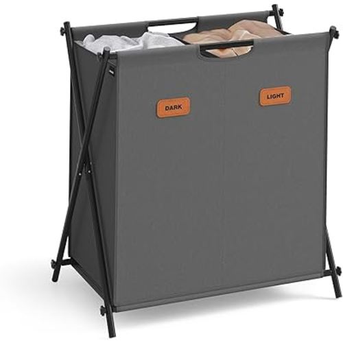 SONGMICS Laundry Hamper, Laundry Basket, 30.4 Gal. Laundry Sorter 2 Sections, Collapsible X-Frame, Clothes Organizer with Customizable Labels, Laundry Room, Bedroom, Bathroom, Slate Gray ULCB120G01