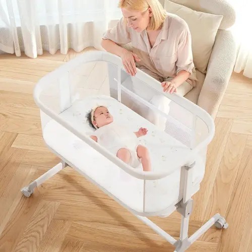 Fodoss Baby Bassinets Bedside Sleeper - 7 Height Adjustable Bedside Bassinet, Baby Bassinet with Wheels for Infants, White