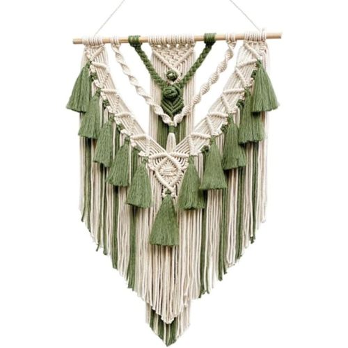 Boho Macrame Wall Hanging & Wall Decor, Cotton Handmade Tapestry with Tassel, Woven Macrame Wall Art for Decorating Bedroom Living Room Apartment Nursery (Green)