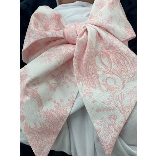 9 Colors- Monogrammed Newborn Baby Pink Toile Bow Sash, Maternity Photo Prop, Monogrammed Newborn Wrap, Baby Photo Prop, Big Bow